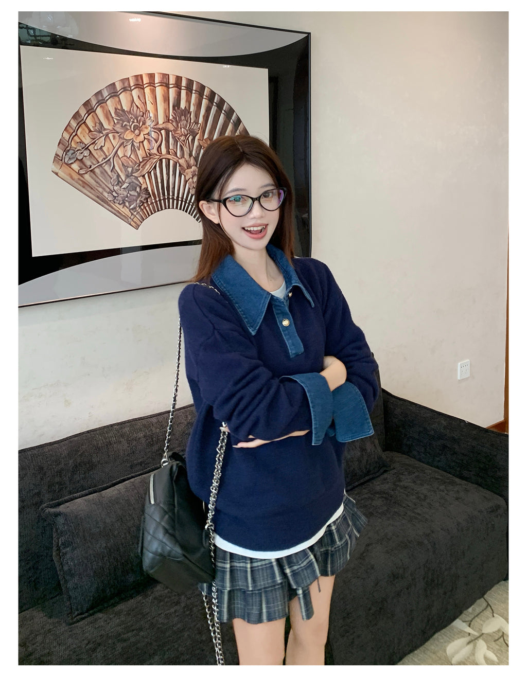 美式復古拼接假兩件毛衣