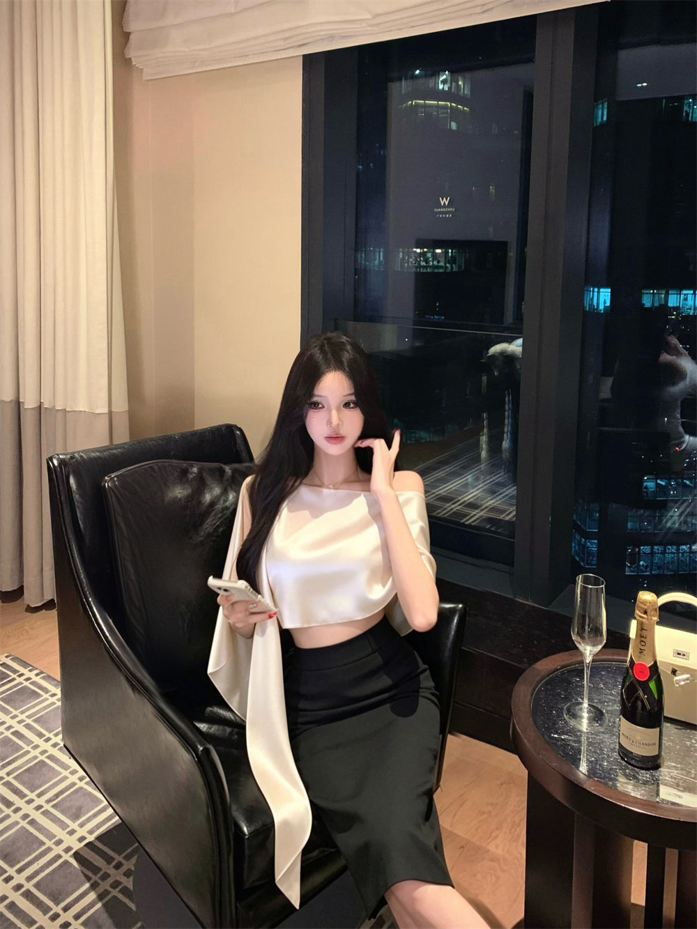 不對稱斜肩罩衫半身裙套裝