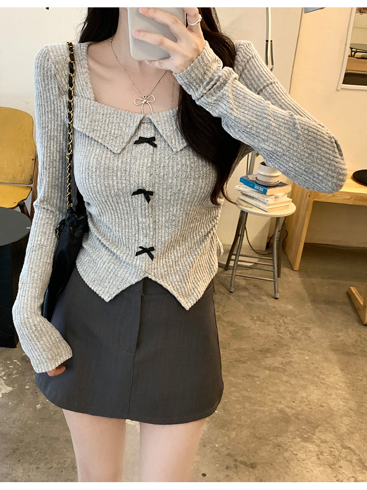 美式覆古辣妹蝴蝶結方領長袖