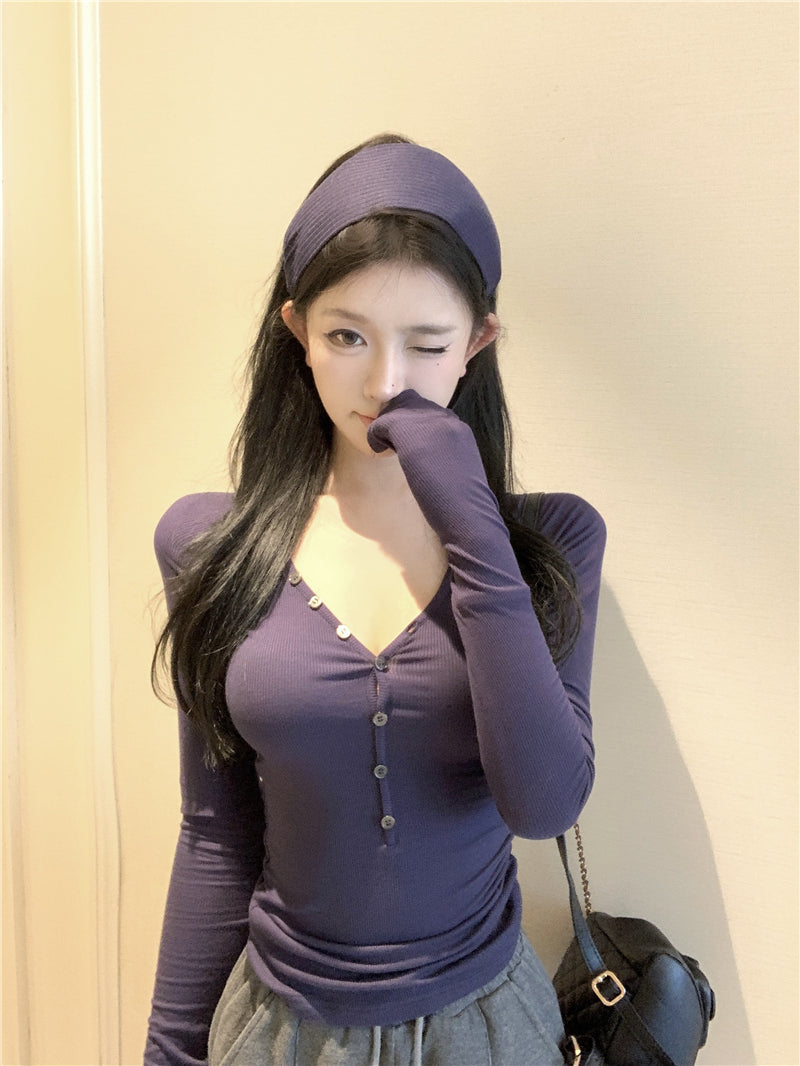 美式復古休閒V領長袖上衣