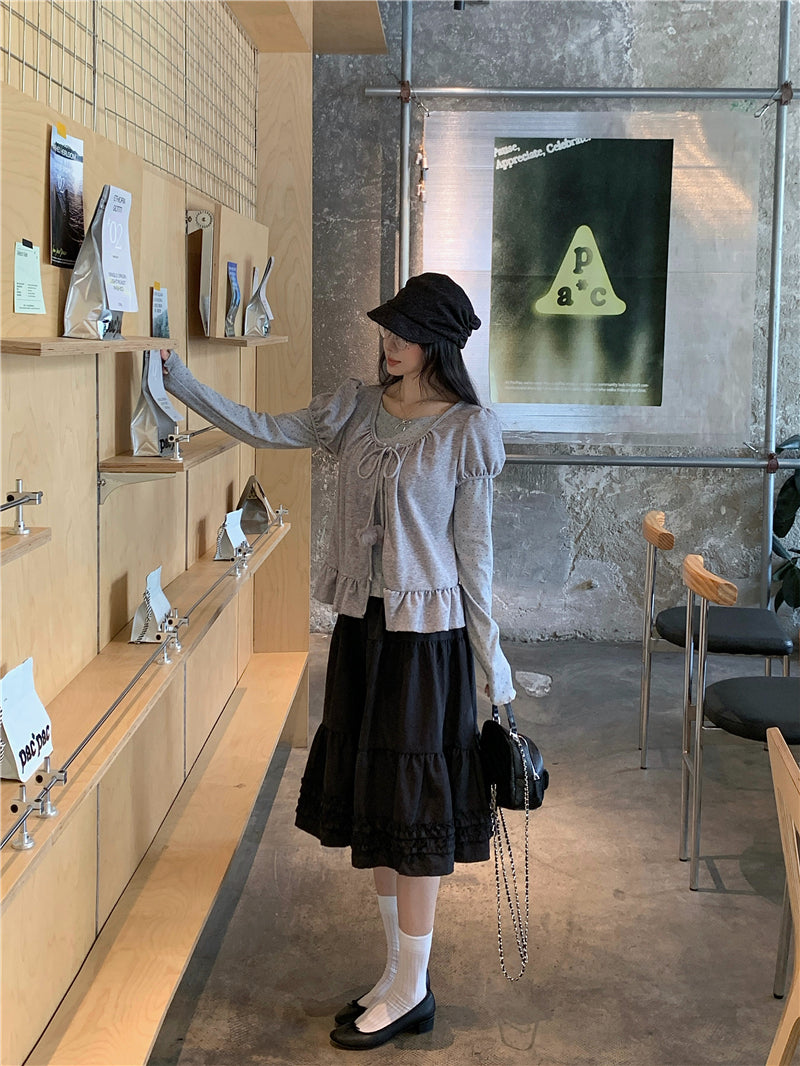韓版甜美荷葉邊開衫波點兩件套