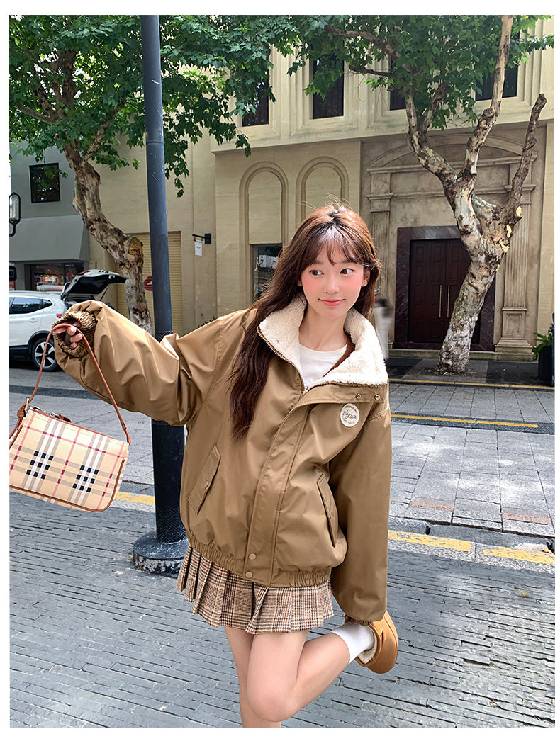 美式復古質感羊羔毛加絨外套