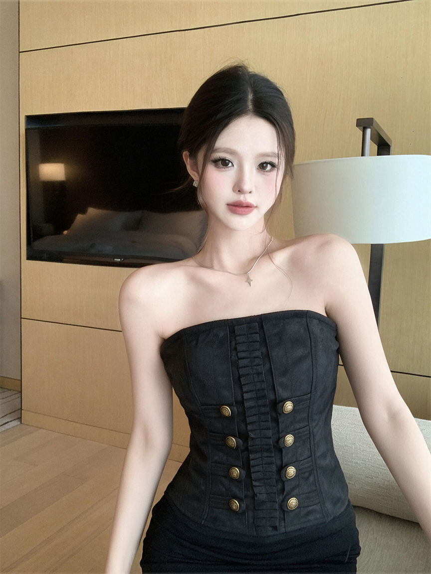 復古風設計感精致雙排扣抹胸上衣