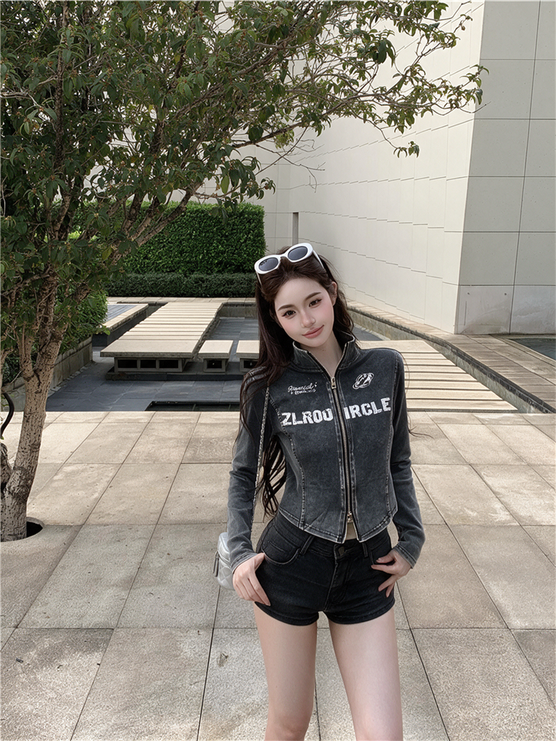 美式水洗立領拉鏈印花字母外套