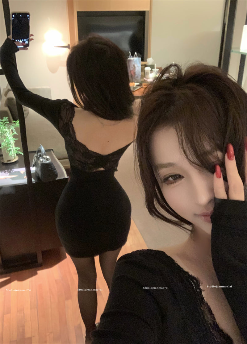 性感V領露背蕾絲拼接包臂連衣裙