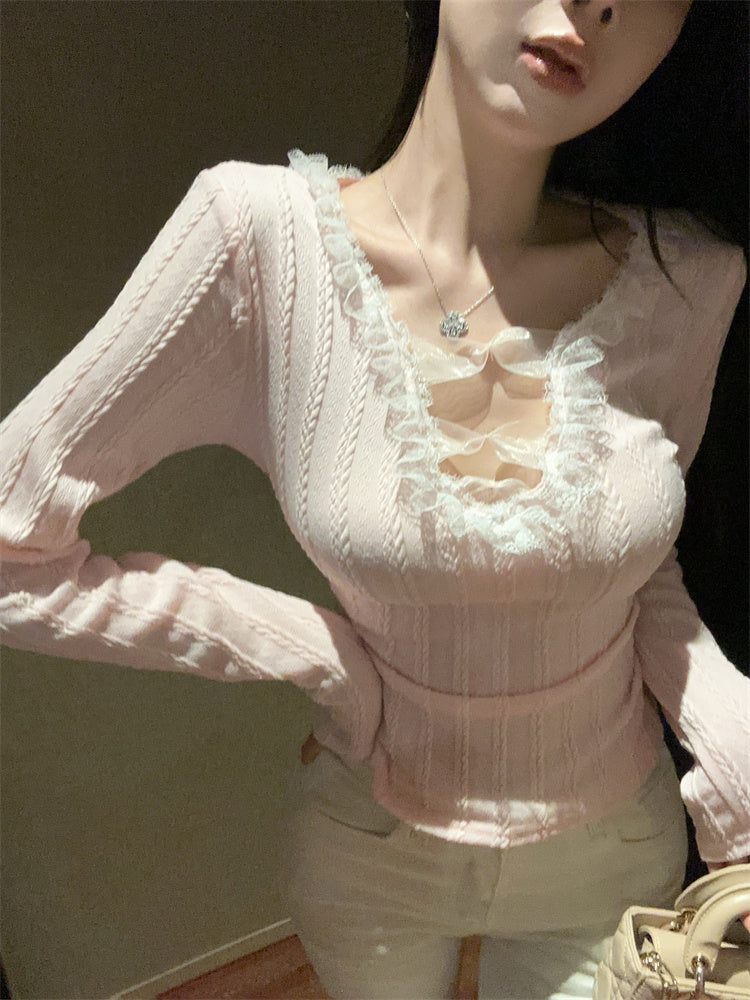 氣質甜酷辣妹花邊拼接蝴蝶結v領修身上衣