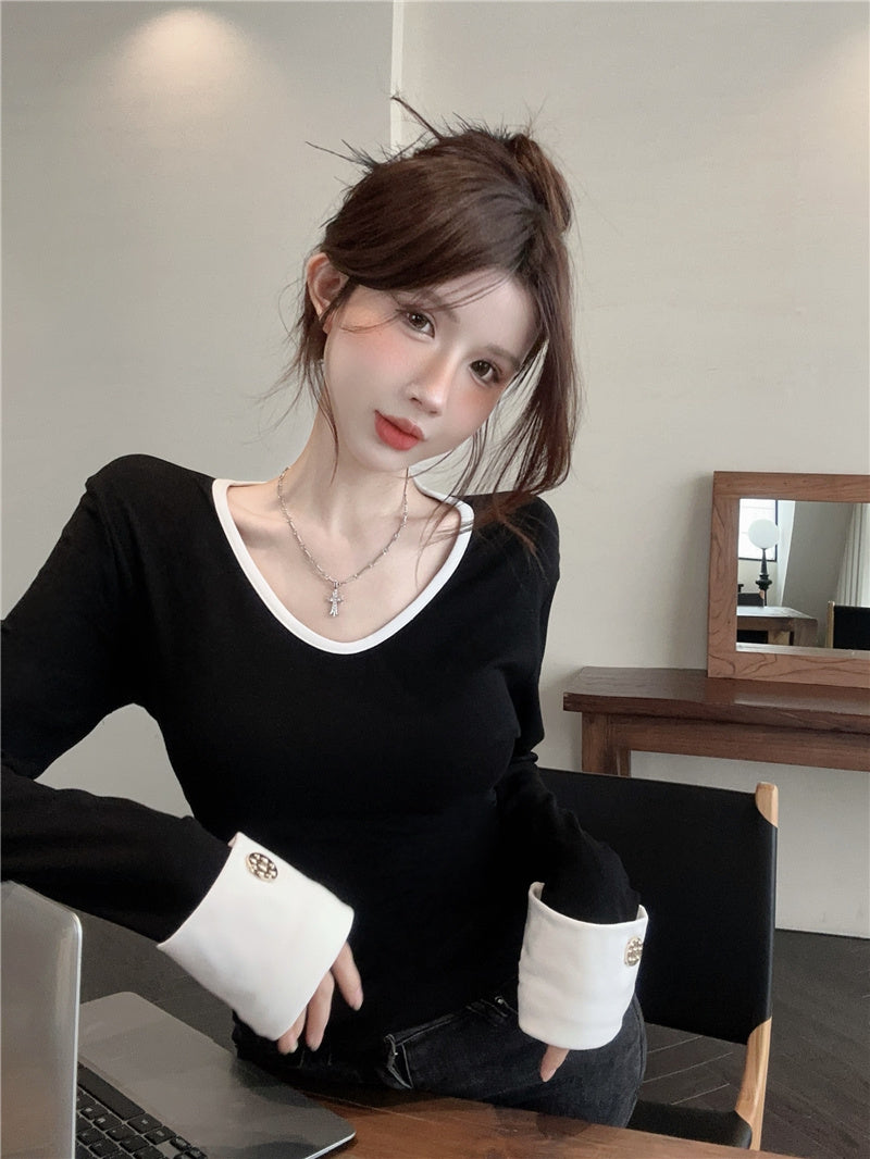 純欲風辣妹撞色V領打底衫