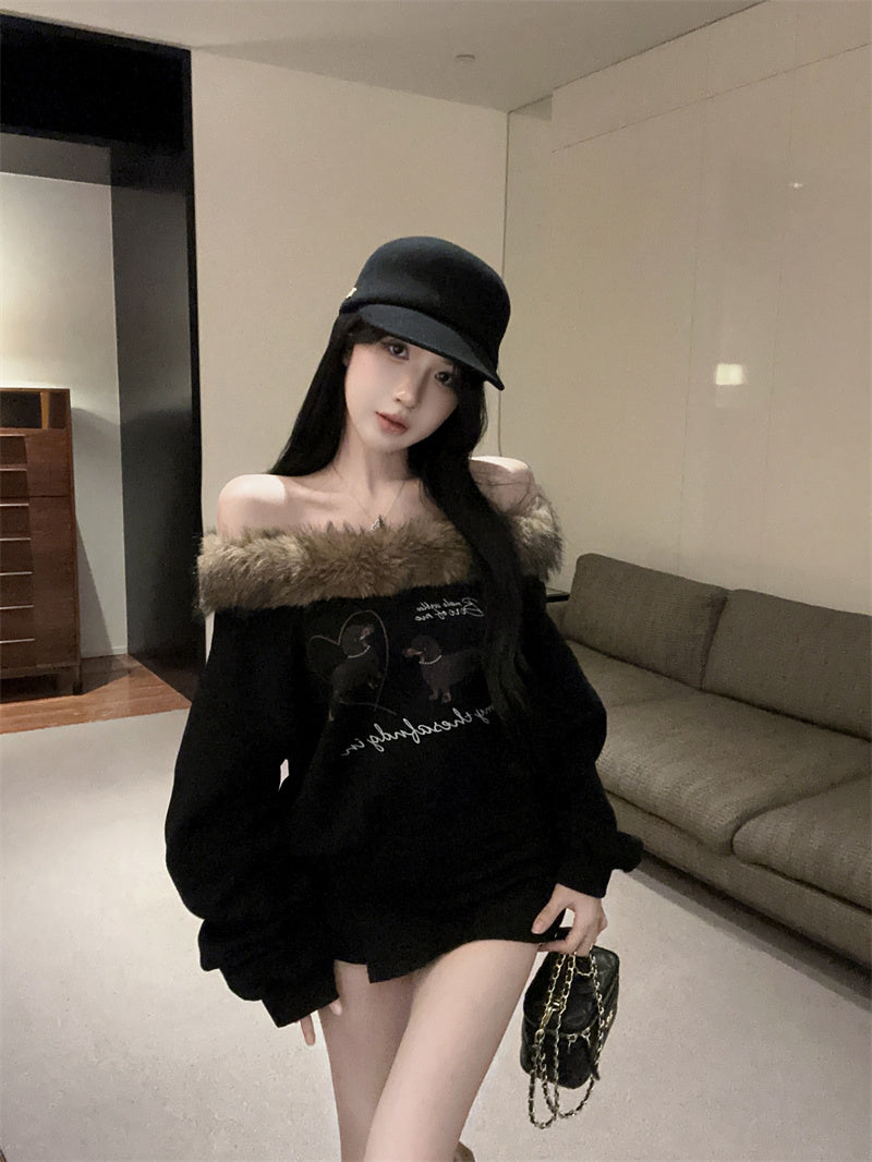 美式復古可愛薄款露肩可拆毛領斜肩上衣