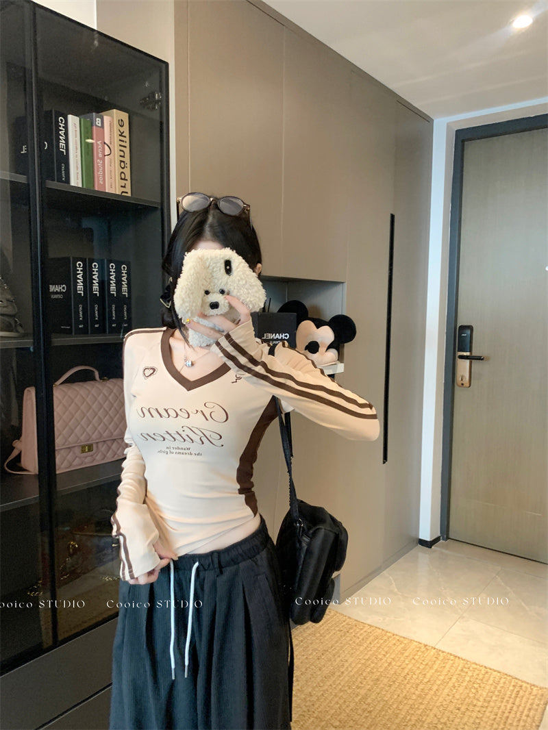 撞色拼接設計感V領上衣