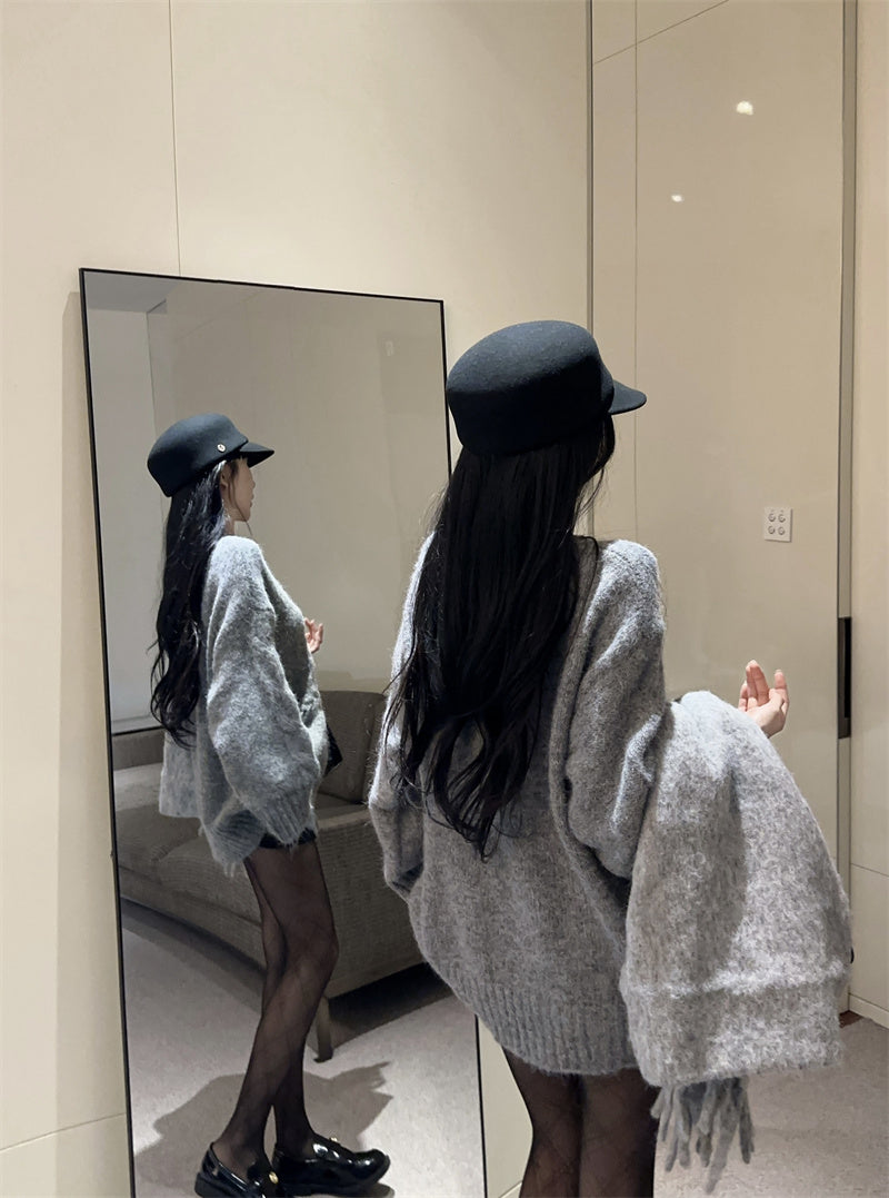 慵懶高級感蝴蝶結圓領寬鬆針織衫