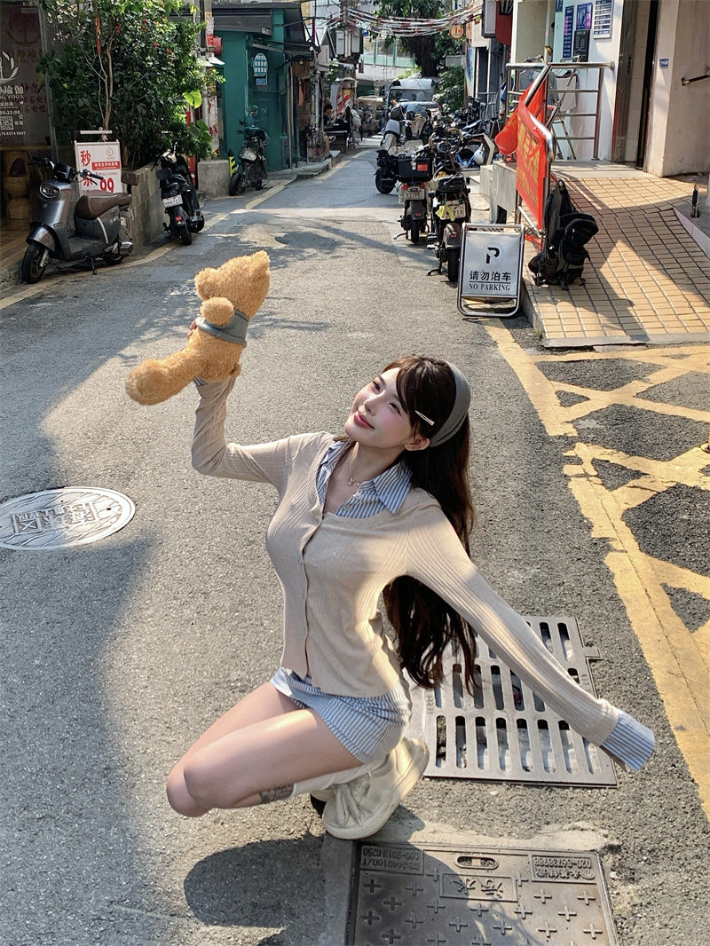 韓系穿搭假兩件襯衫套裝裙