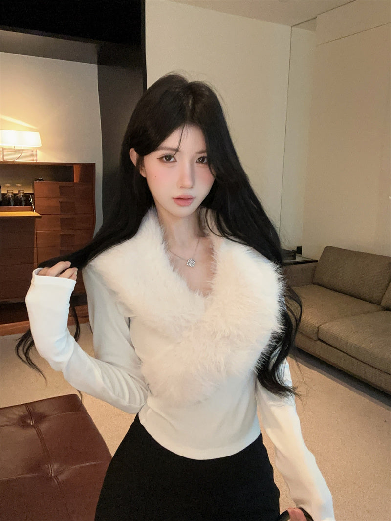 純欲辣妹毛領拼接V領內搭打底衫