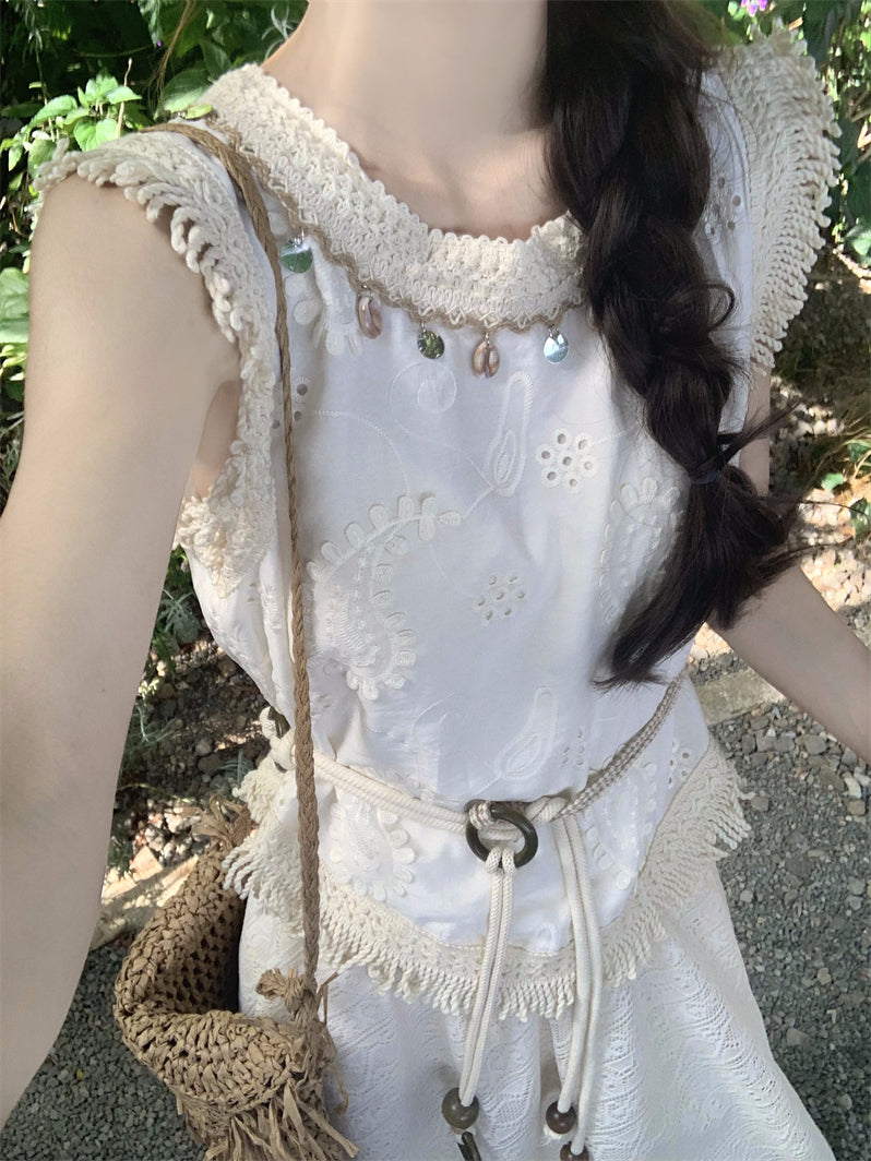 波西米亞不規則流蘇馬甲上衣女度假風半身裙套裝