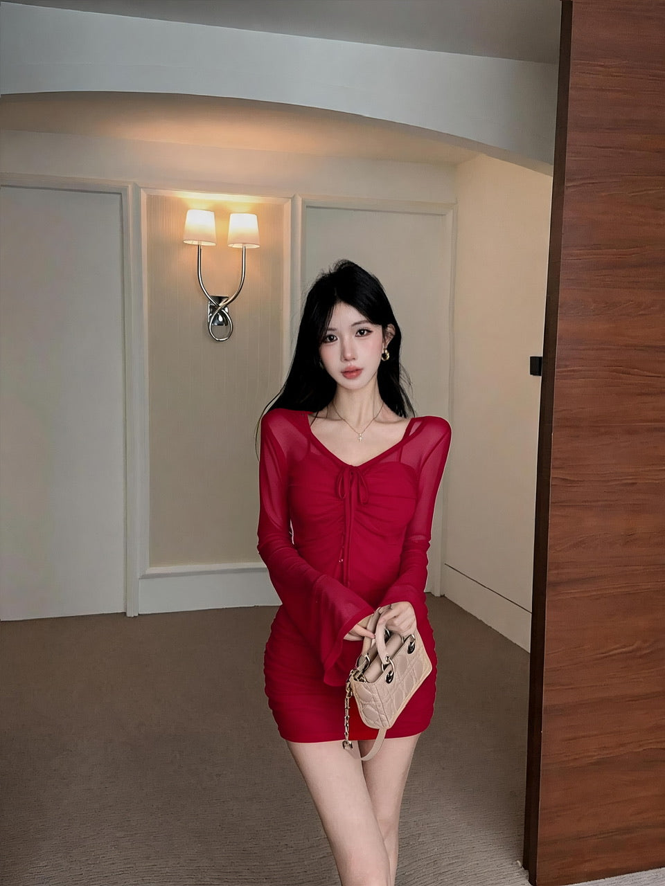 純欲辣妹性感蕾絲拼接開衫+修身吊帶連衣裙