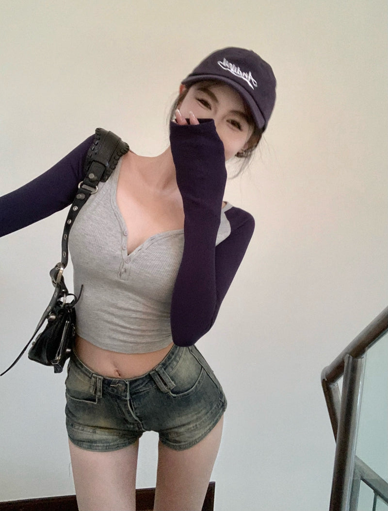 歐美V領撞色純欲排扣修身上衣