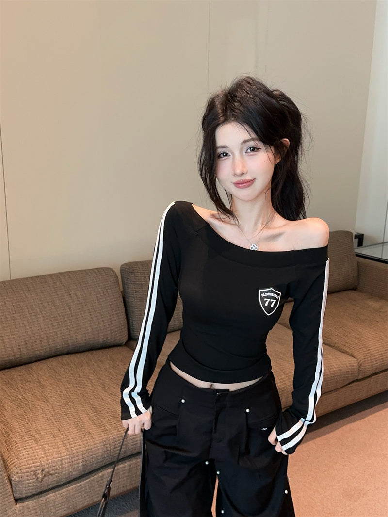 美式辣妹一字肩印花修身顯瘦上衣