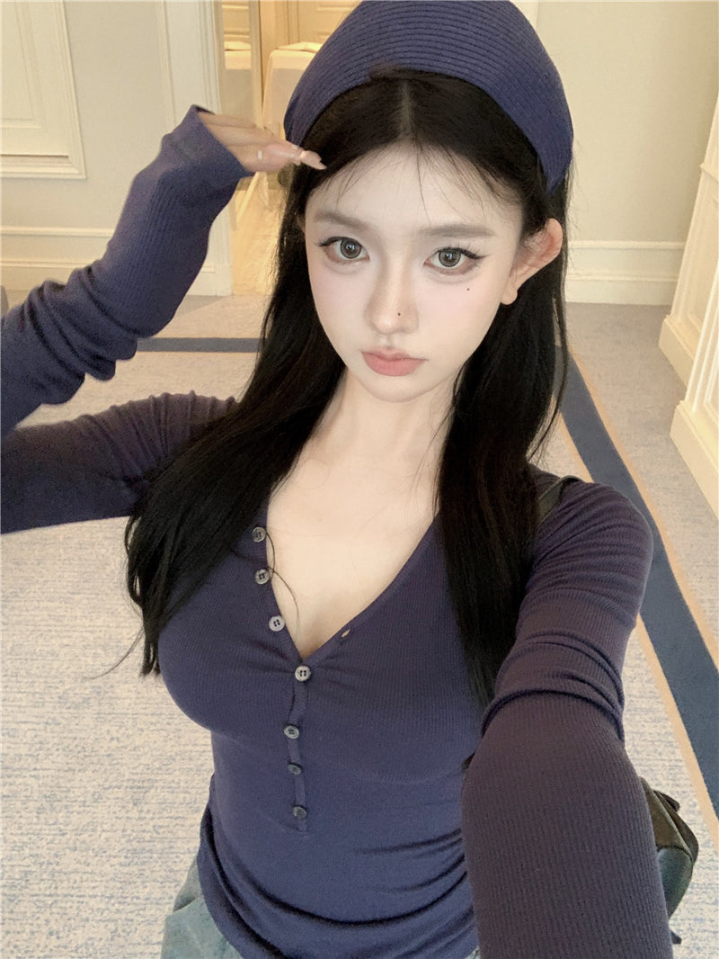 美式復古休閒V領長袖上衣