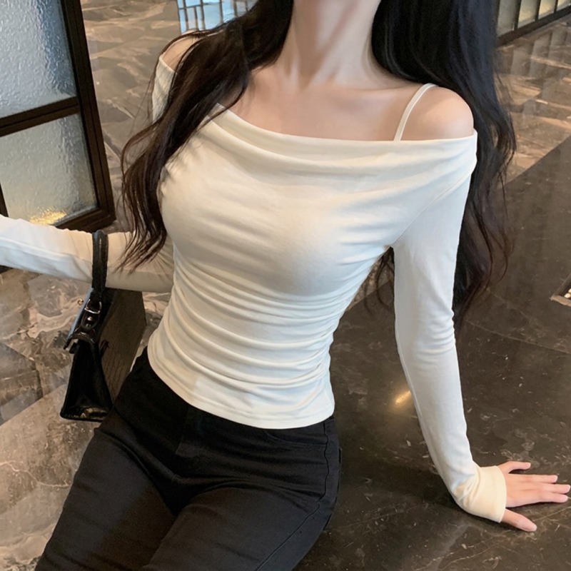 氣質簡約盪領假兩件修身帶胸墊上衣