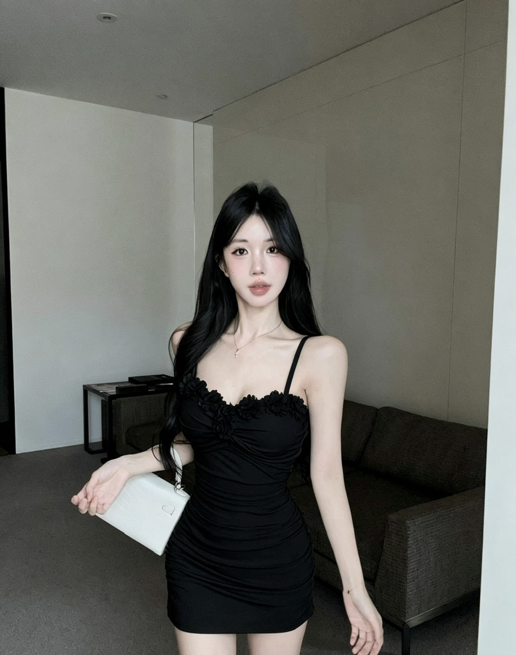 純欲風花朵拼接吊帶連衣裙