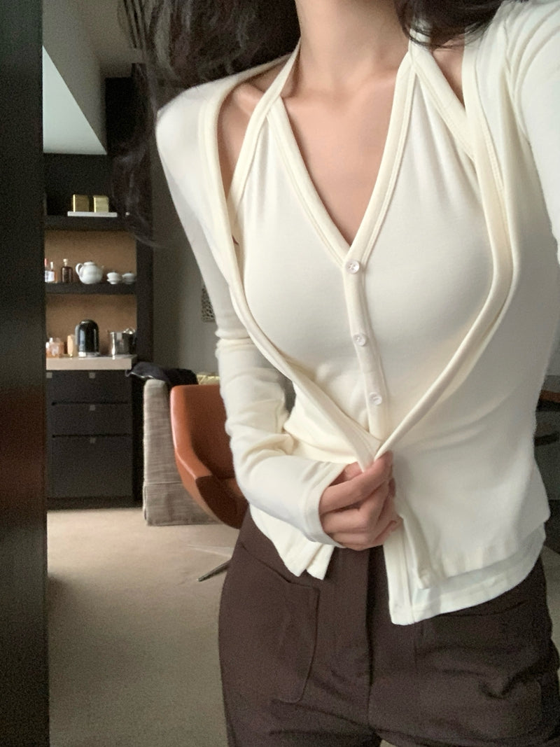 性感辣妹風吊帶掛脖假兩件內搭上衣