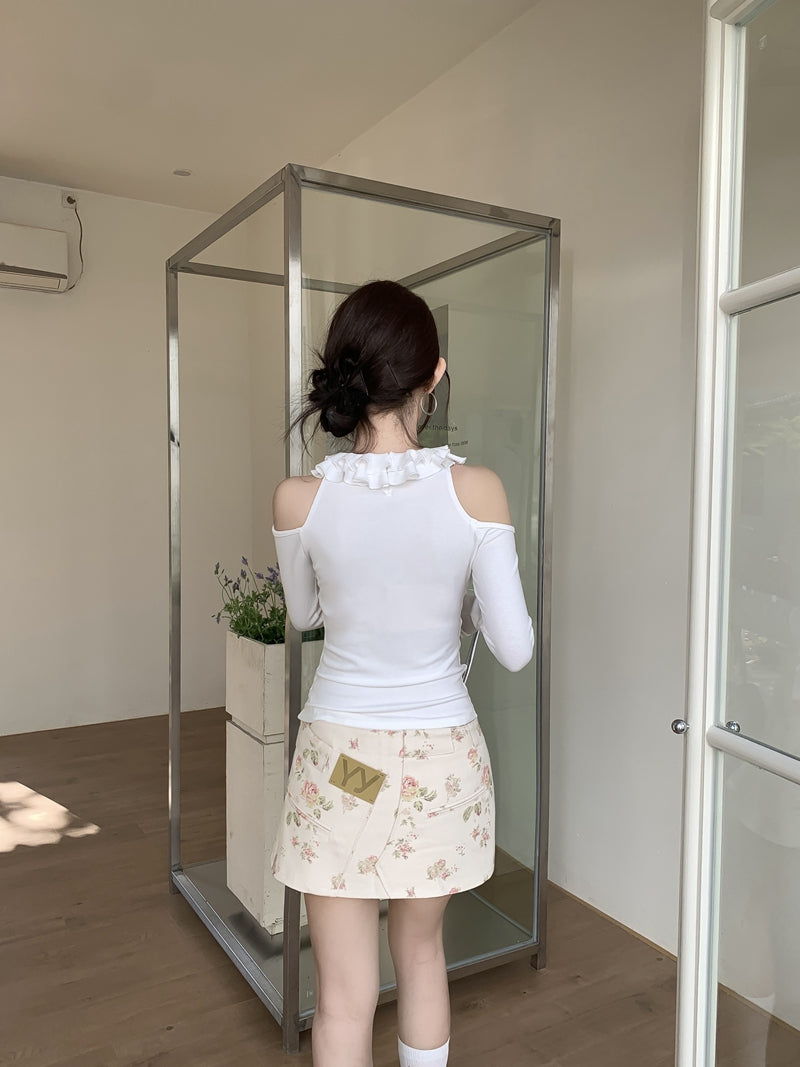 辣妹氣質圓領荷葉邊露肩修身上衣