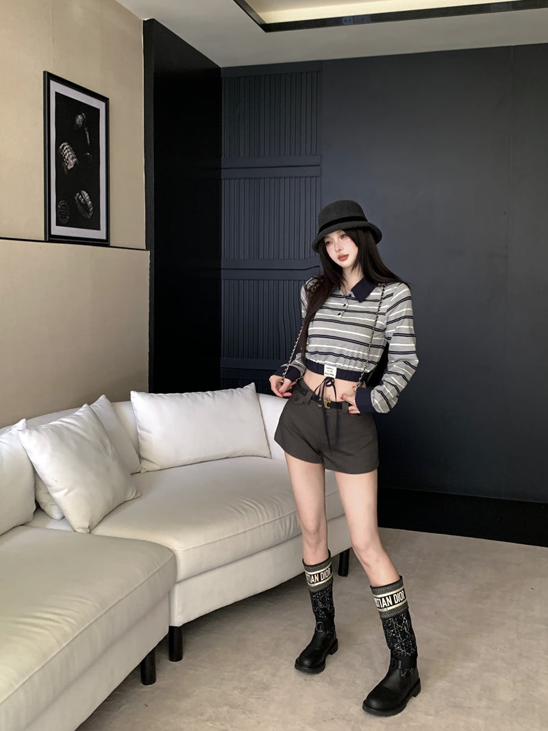 復古時髦撞色條紋拼接Polo領上衣