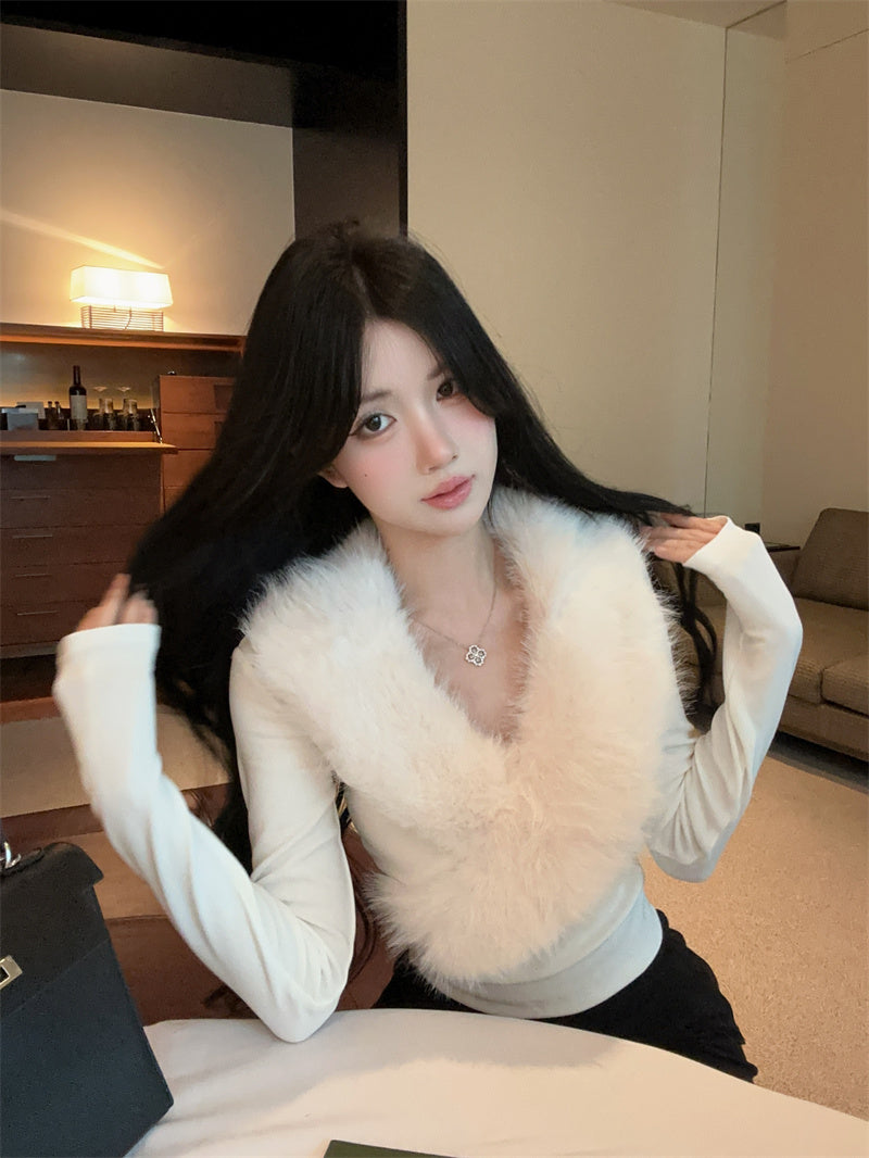 純欲辣妹毛領拼接V領內搭打底衫