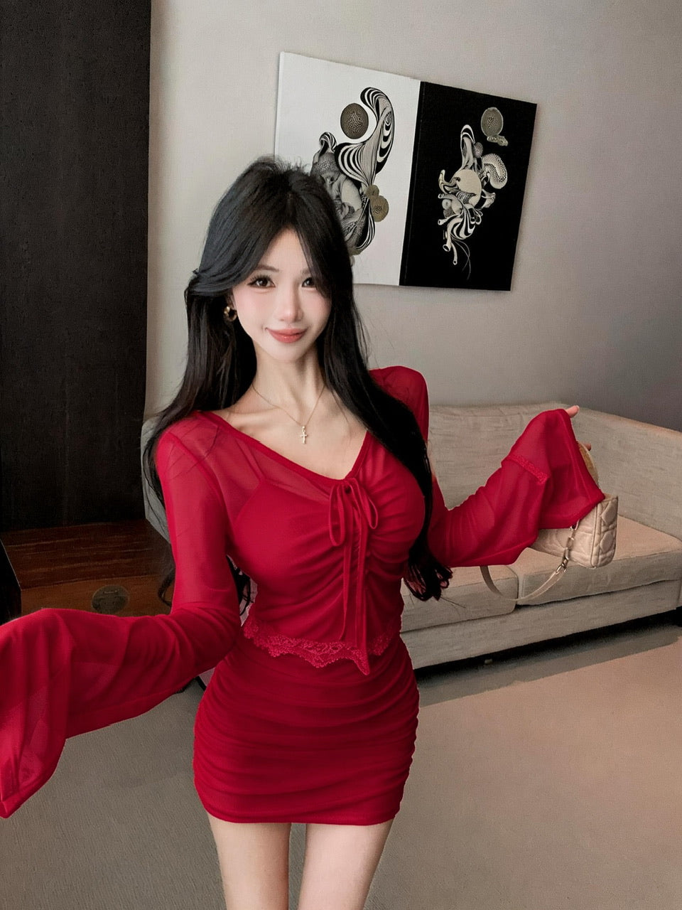 純欲辣妹性感蕾絲拼接開衫+修身吊帶連衣裙