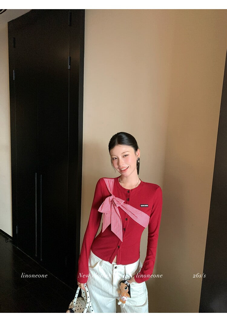 雙色格紋蝴蝶結設計感撞色針織上衣