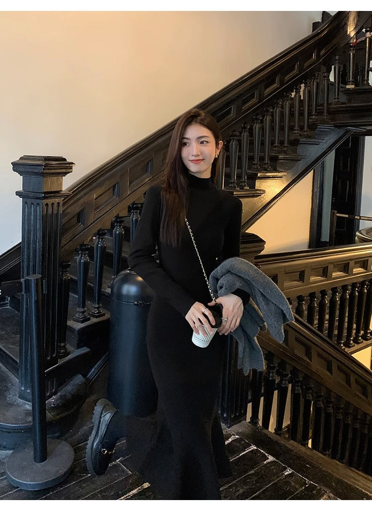 港式復古半高領針織魚尾連衣裙