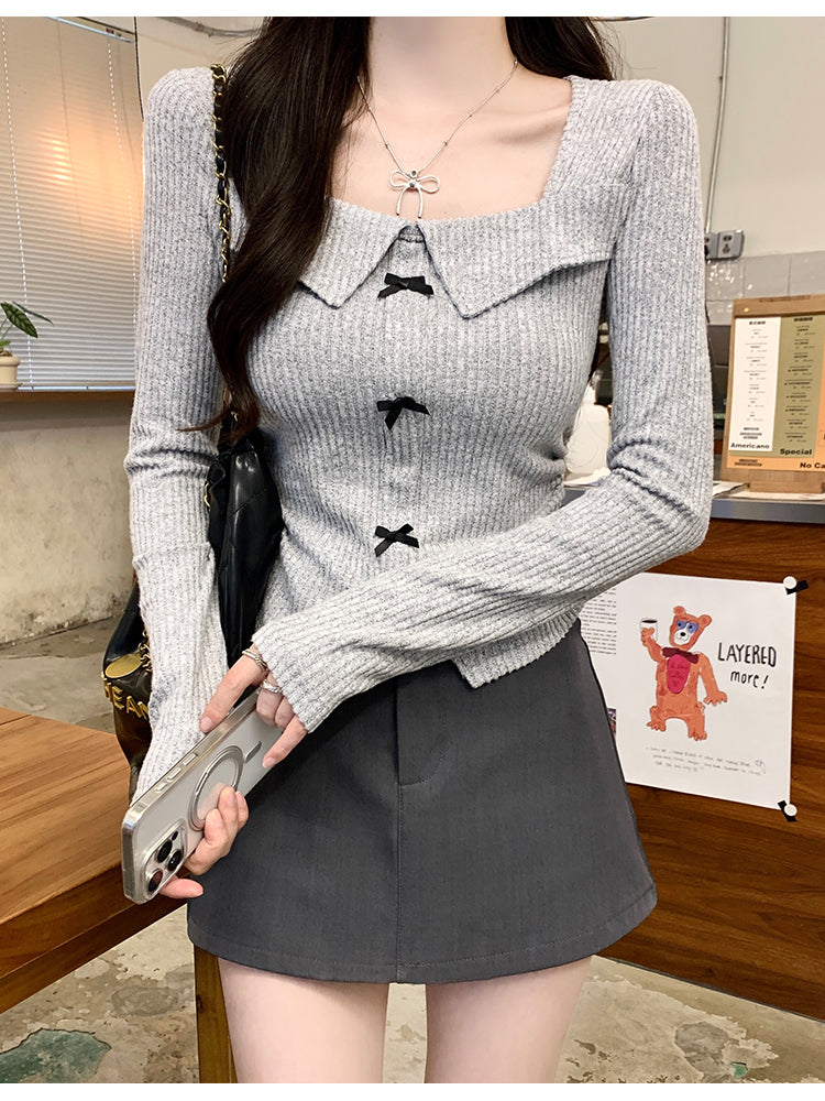 美式覆古辣妹蝴蝶結方領長袖
