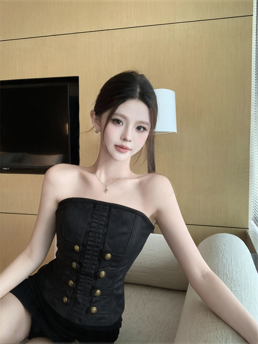 復古風設計感精致雙排扣抹胸上衣