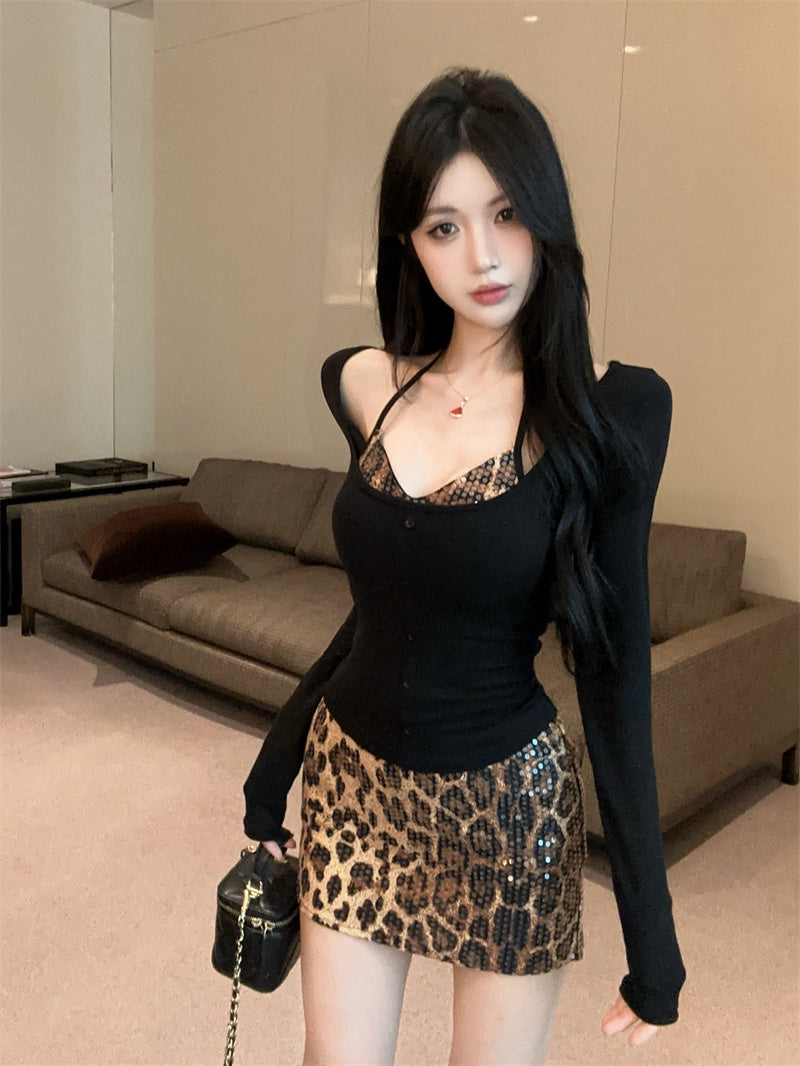 辣妹性感掛脖長袖打底衫豹紋包臀裙三件套