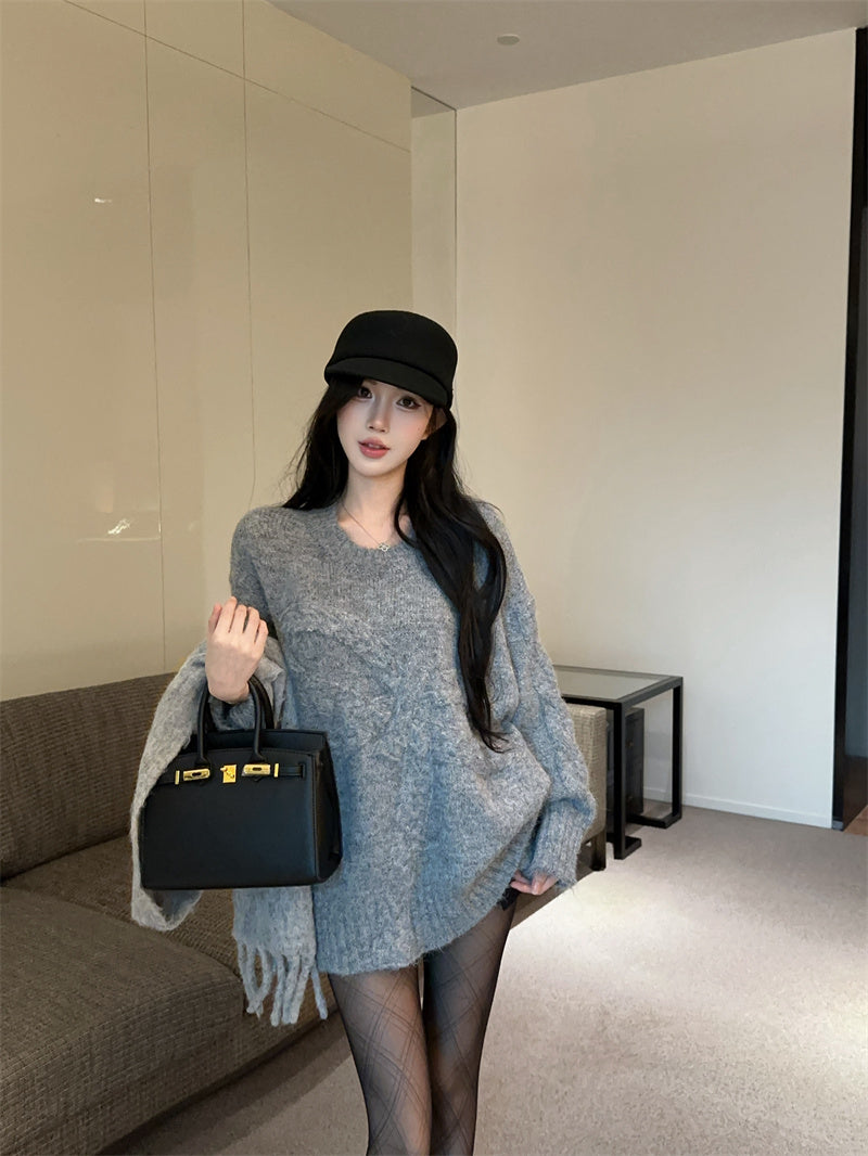 慵懶高級感蝴蝶結圓領寬鬆針織衫