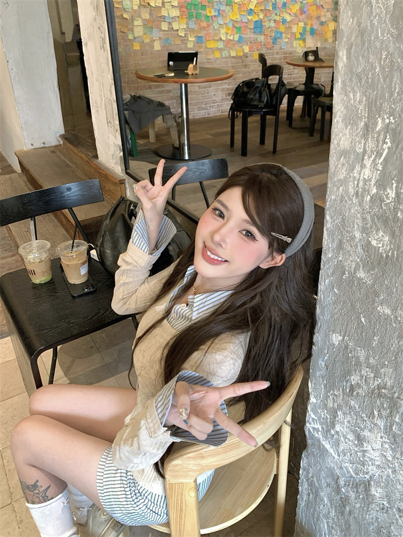 韓系穿搭假兩件襯衫套裝裙