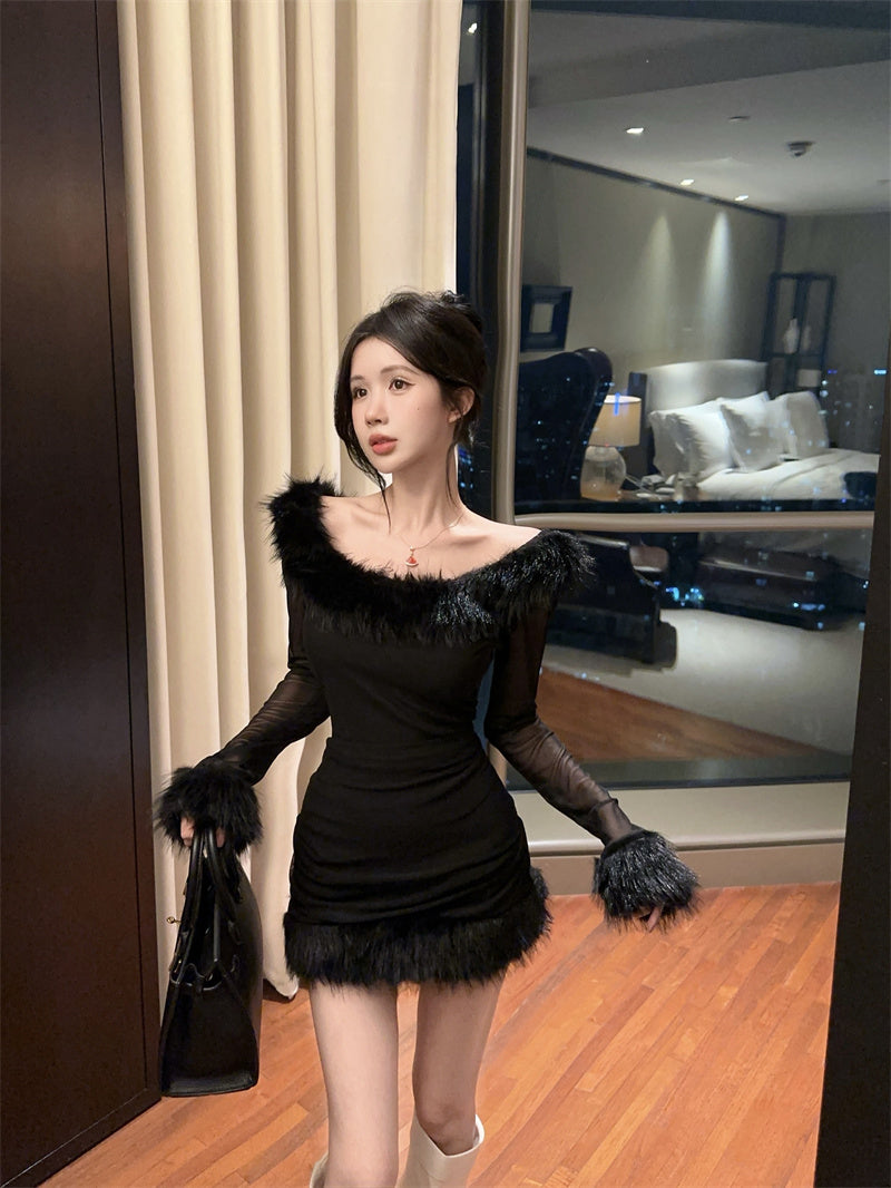純欲性感辣妹毛毛領微透高腰連衣裙
