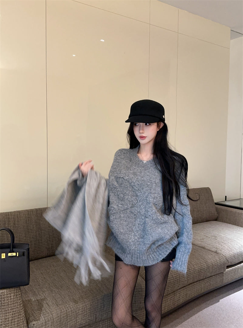 慵懶高級感蝴蝶結圓領寬鬆針織衫