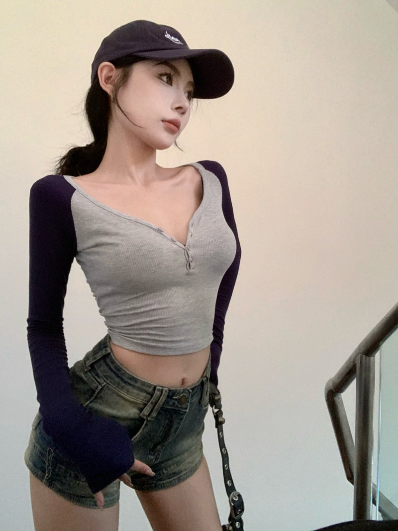 歐美V領撞色純欲排扣修身上衣