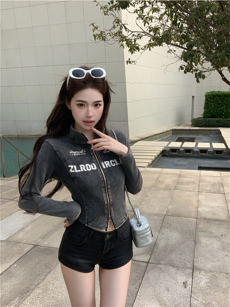 美式水洗立領拉鏈印花字母外套