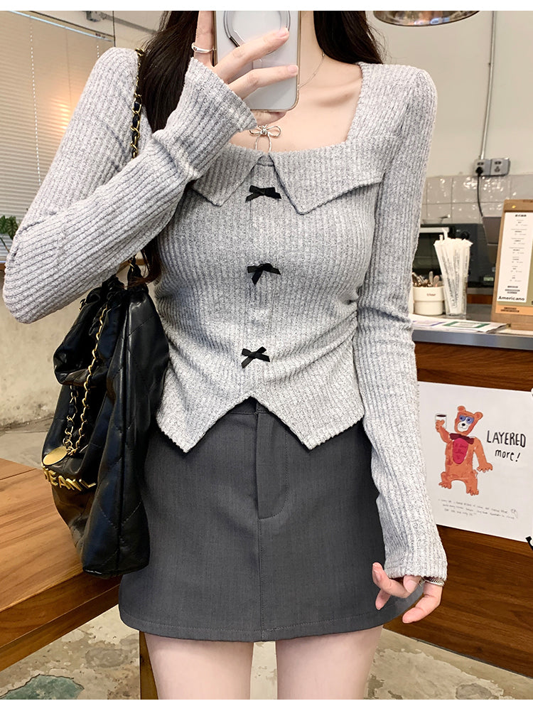 美式覆古辣妹蝴蝶結方領長袖