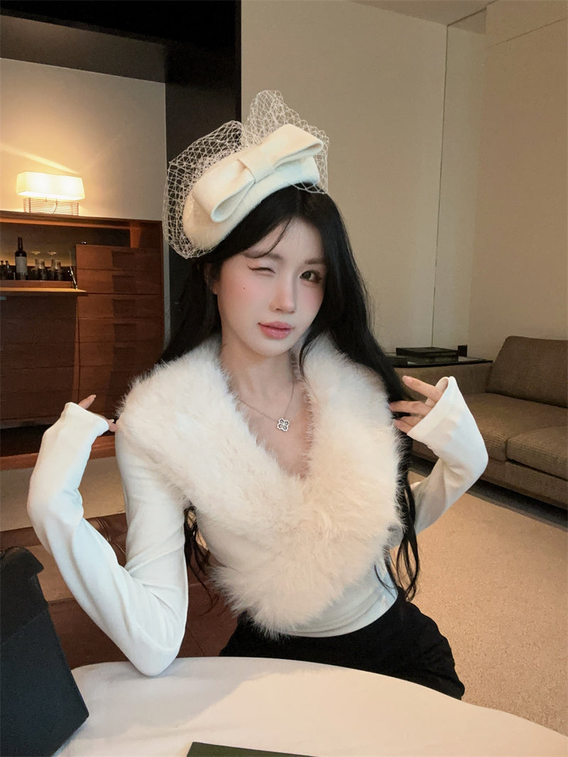 純欲辣妹毛領拼接V領內搭打底衫
