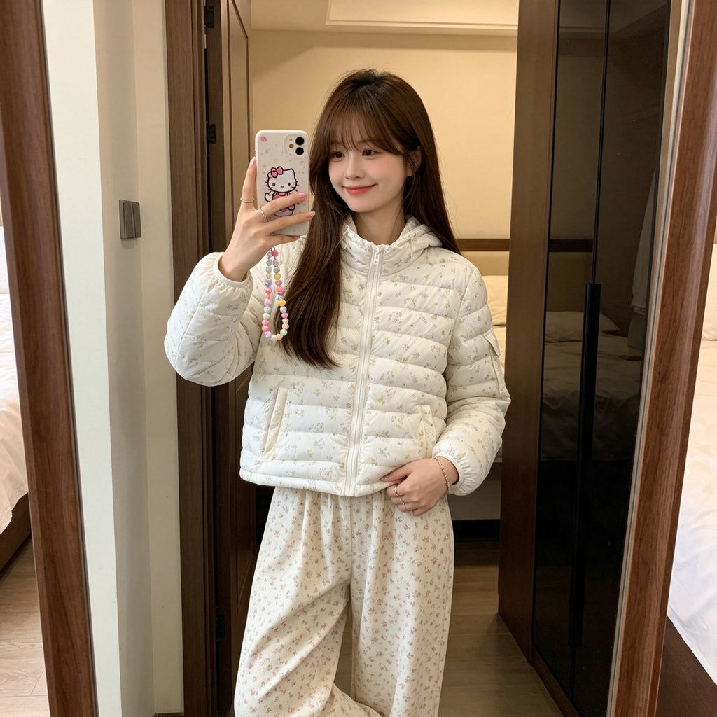 冬季質感慵懶風碎花波點羽絨服