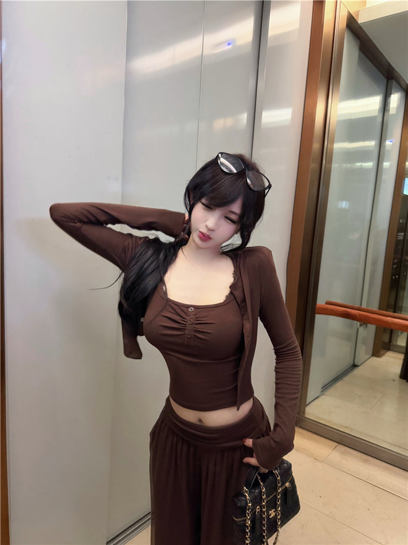 氣質性感蕾絲吊帶背心外套褲子三件套