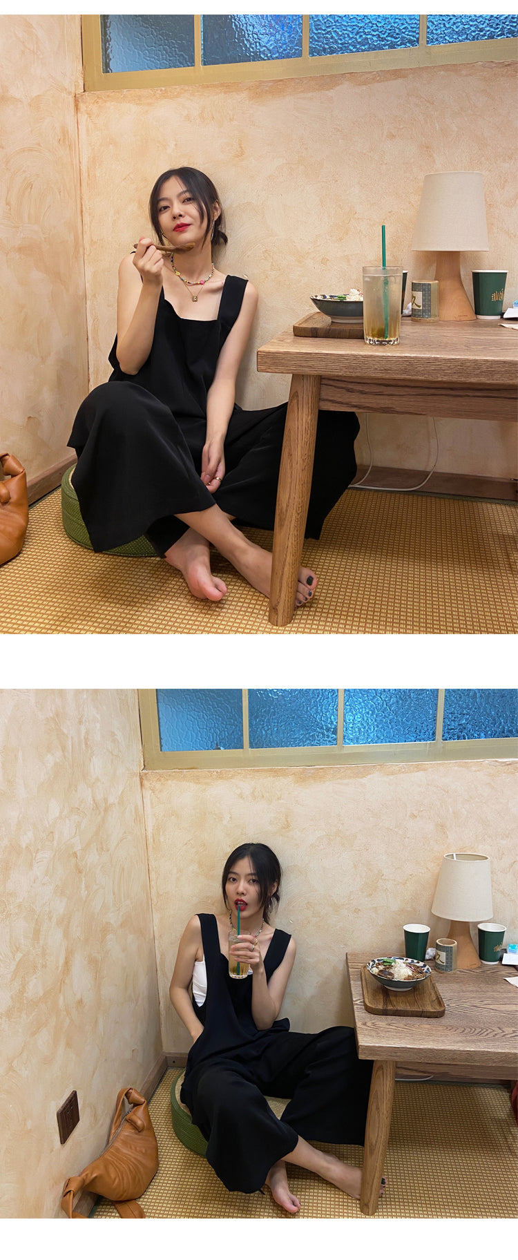 黑色休閒垂感寬鬆直筒高腰顯瘦背帶褲