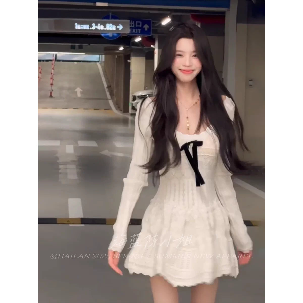 溫柔千金少女蝴蝶結鉤花針織連衣裙