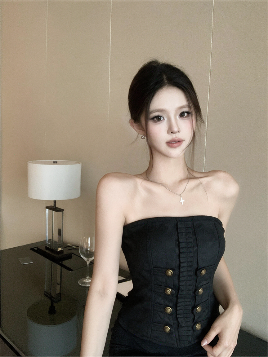 復古風設計感精致雙排扣抹胸上衣