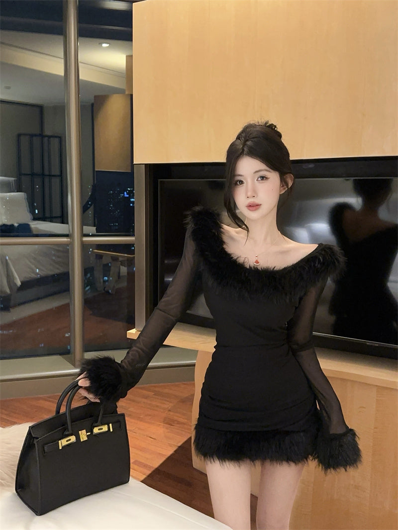 純欲性感辣妹毛毛領微透高腰連衣裙