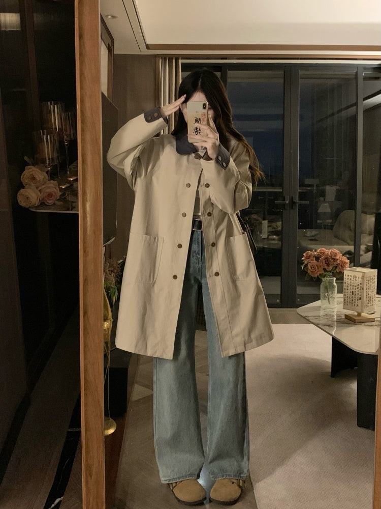 🐾拼接撞色卡其風衣外套💕春秋必備中長版外套