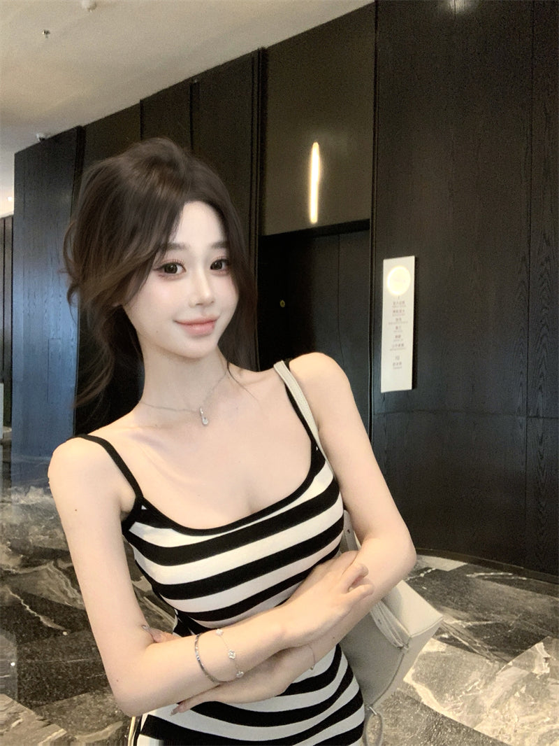 辣妹修身開叉露背條紋長裙