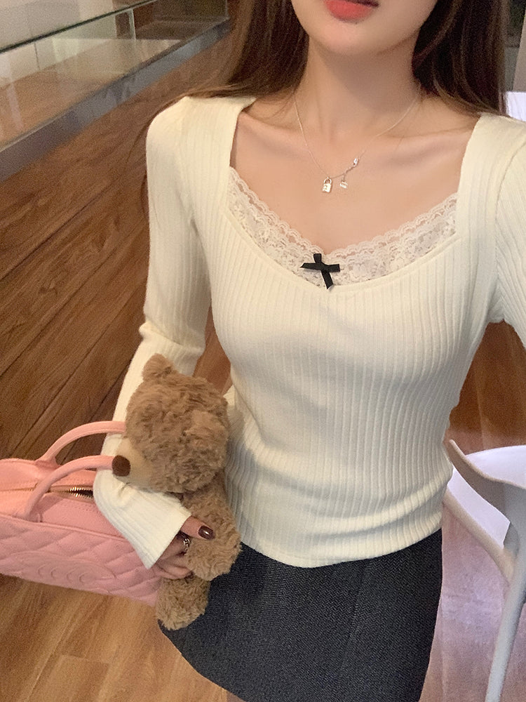 小香風質感拼接蕾絲上衣